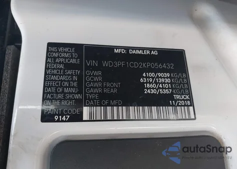 2019 Mercedes-Benz Sprinter High Roof V6 z USA, uszkodzony, nr VIN WD3PF1CD2KP056432